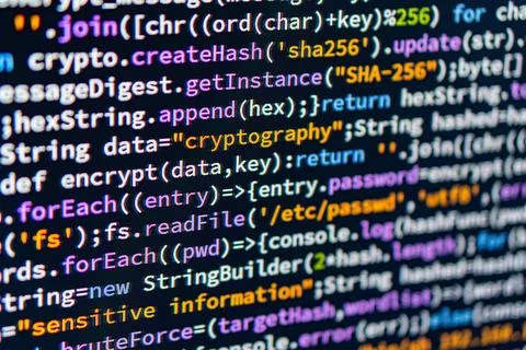 Close-up image of a coded screen, showcasing encrypthash functions and SHA-.. 写真素材