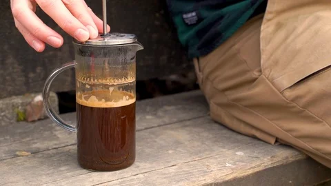 Close-up image of coffee being prepared using french press, Croatia. Video stock 127218642