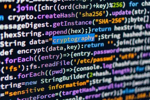 A close-up image of color-coded computer code, with the word hash highlight.. Stock Photos