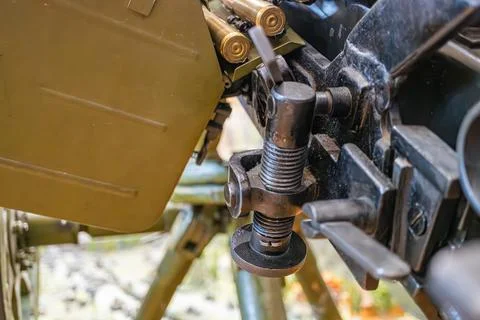 Close-up image of a complex, industrial mechanical assembly with multiple com Stock Photos