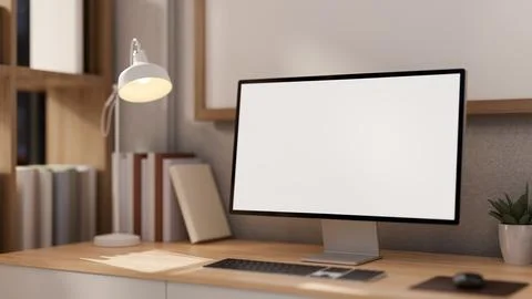 A close-up image of a computer mockup on a wooden desk in a contemporary mi.. Stockillustratie