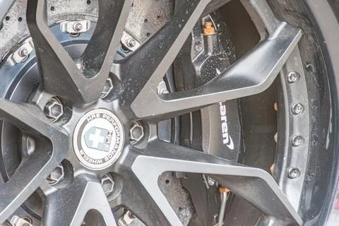 Close-up image of a distinctive wheel design with spokes and high-performance Stock Photos