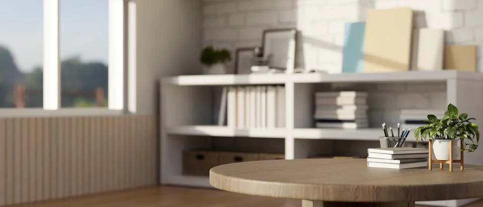 Close-up image of an empty space on a wooden round table in a modern room w.. Stock Illustration