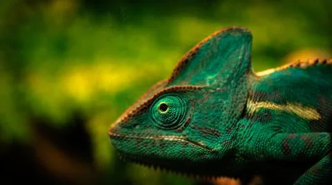 A close up image featuring a chameleon s face set against a green backdrop Stock Photos