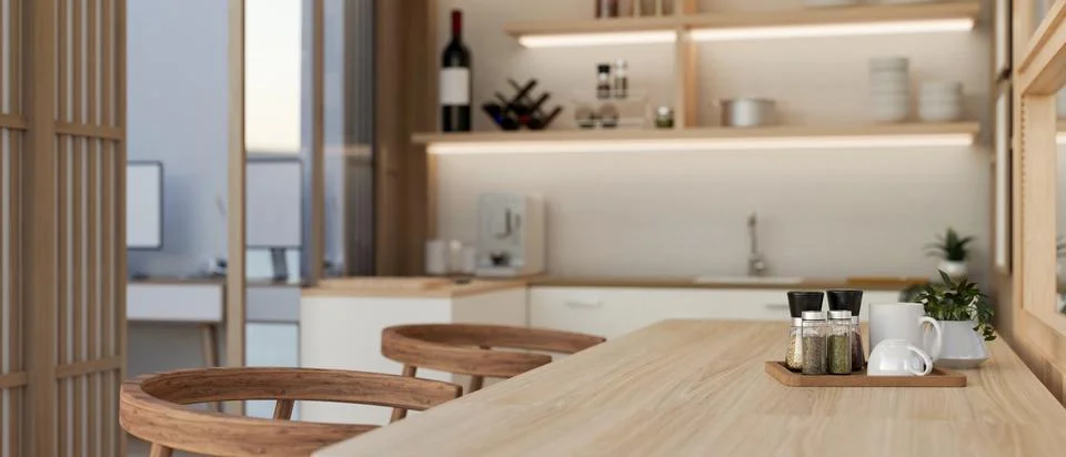 Close-up image of a hardwood dining table in a beautiful modern home dining.. Stock Illustration