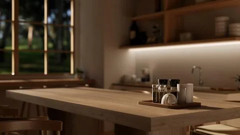 Close-up image of a hardwood dining table in a modern, Scandinavian kitchen. Stock Illustration