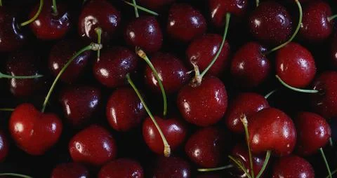 A close-up image of a heap of dark red cherries Stock Photos