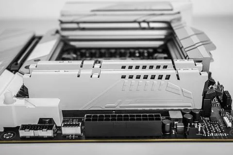 A close-up image of a high-performance motherboard showing two installed RAM Stock Photos
