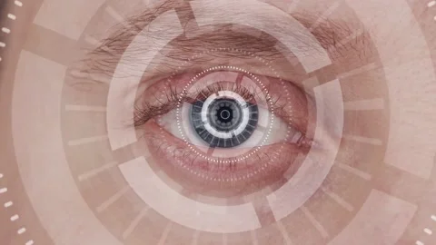 Close-up image of a human eye with a digital scanning interface. Identification Stock Footage 146699634