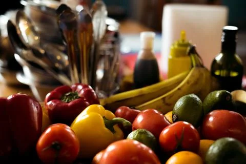 Close-up image from a Kitchen Interior Scene with fruits and vegetables Stock Photos