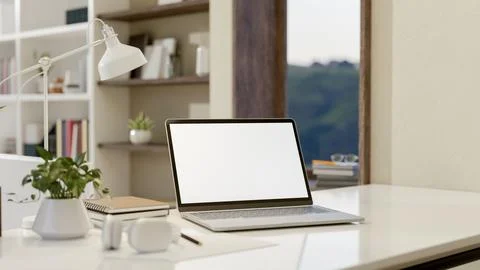 A close-up image of a laptop computer with a white-screen mockup on a white.. Stockillustratie