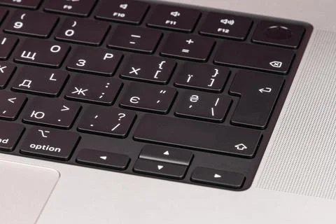 Close-up image of a Latin script, chiclet-style keyboard on an international  Foto stock