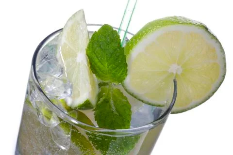 Close up image of lemon slice peppermint in glass Stock Photos