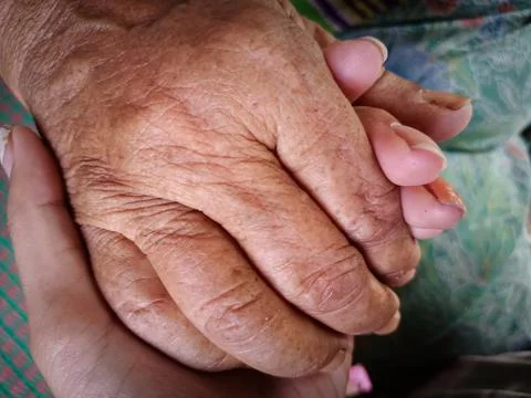 Close up an image of a loving handshake between grandmother and granddaughter. Stock Photos