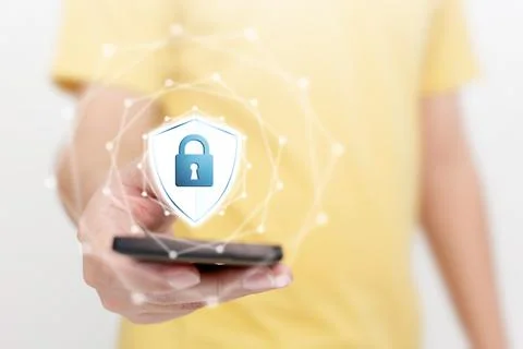 Close-up image of male hand using mobile smart phone with icon graphic cyber  Stock Photos