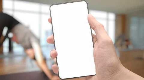Close-up Image of Male Hand Using Modern Smartphone Device in Indoor Sports Gym Stock Photos