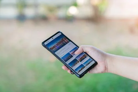 Close-up image of male hands using smartphone at garden. Stock-Fotos