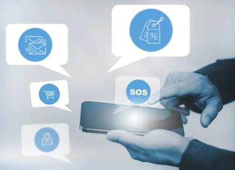 Close-up image of male hands using smartphone with icon, Customer support hot Stock Photos