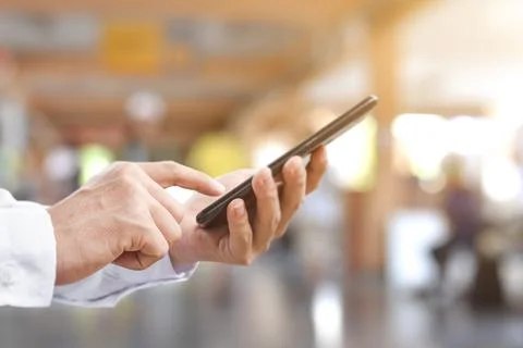 Close- up image of man hands with mobile smartphone for searching internet Stock Photos