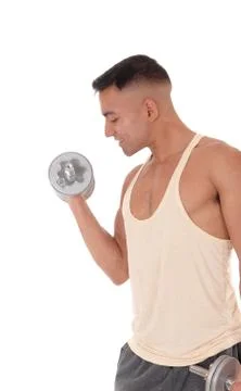 Close up image of a man with two dumbbells Stock Photos