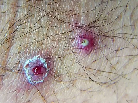 Close-up image of a man's thigh with 2 small, reddish skin irritation wound.. Photos