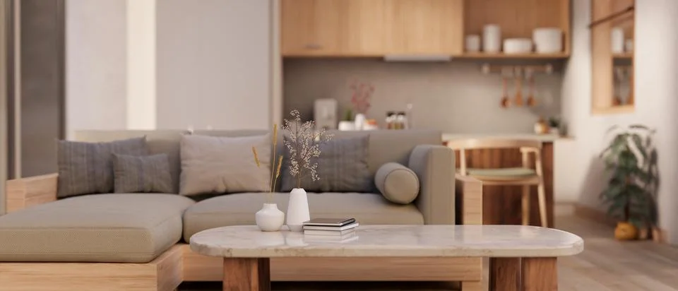Close-up image of a marble coffee table in a modern, cosy living room with .. Stock Illustration