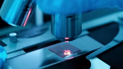 Close up image of a microscope for laboratory research on the Corona Virus Stock Footage 336582901