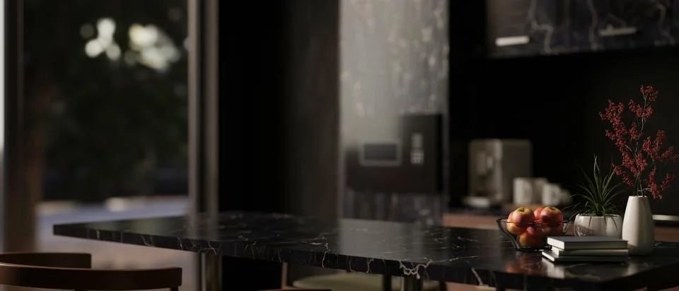 Close-up image of a modern black marble dining table in a modern black kitche Stock Illustration