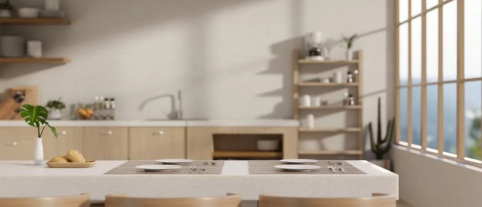 Close-up image of a modern dining table in a modern minimalist kitchen with.. Stock Illustration