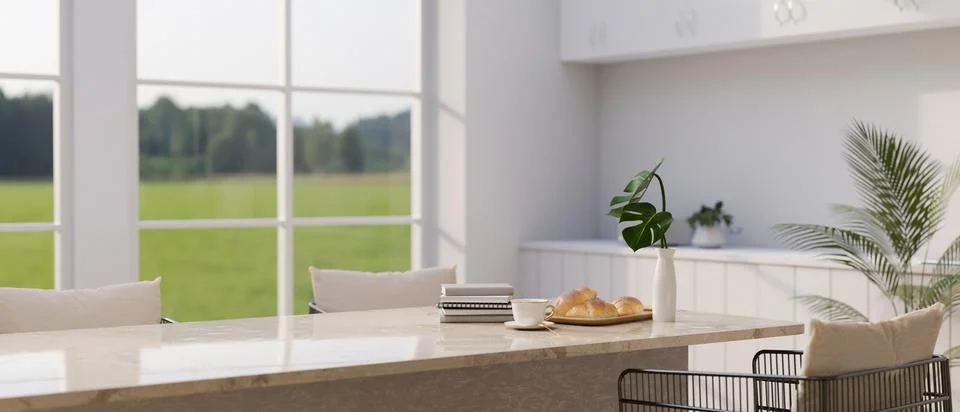 Close-up image of a modern, luxury dining room in a kitchen with a white ma.. Stock Illustration
