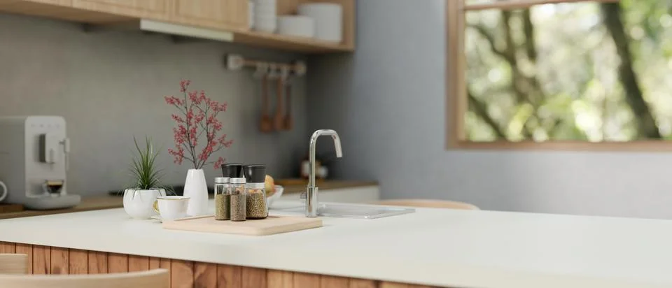 A close-up image of a modern, minimalist kitchen island or kitchen counter .. Stock Illustration