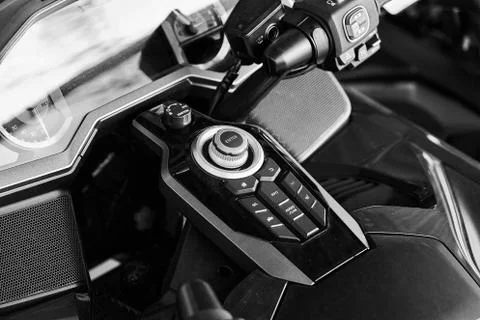 Close-up image of a motorcycle dashboard with ABS, Oil and Turn Signal Lights Stock-Fotos