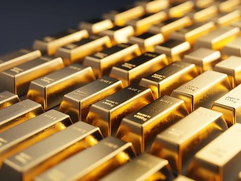 A close-up image of multiple gold bars arranged in a neat pattern, reflecting Stock Photos