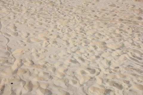Close image of sand with several footprints marked Stock Photos