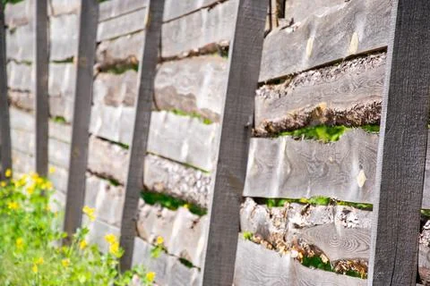A close-up image showcasing a rustic wooden fence constructed with horizont.. Stock Photos