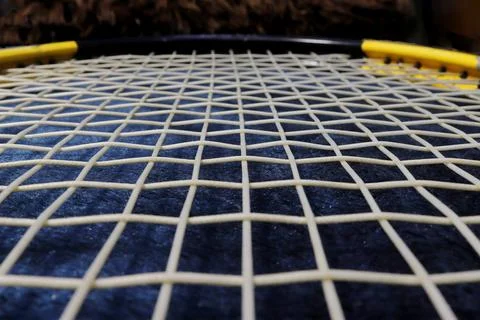 Close-up image of the strings of a tennis racket for tennis. Stock Photos