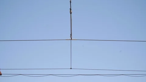 Close-up image of tram cables of the city of Lisbon, Portugal. The streetcar Stock Footage 91360918