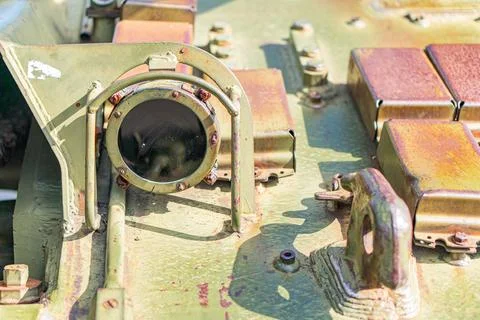 Close-up image of a weathered tank engine, with a contrasting dark vent or .. Stock Photos