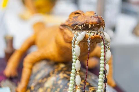 Close-up image of a whimsical anthropomorphic frog with bead necklaces, set.. Stock Photos