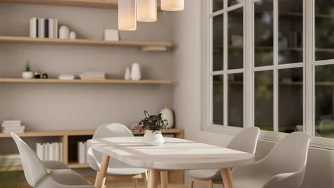 A close-up image of a white dining table by the window in a contemporary wh.. Stock Illustration