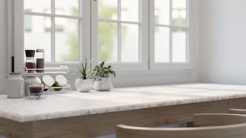 A close-up image of a white marble dining table against the window in a whi.. Stock Illustration