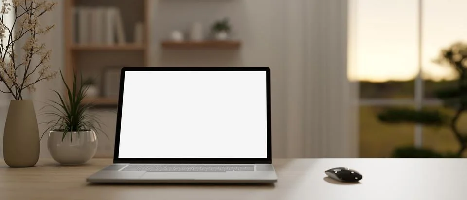 Close-up image of a white-screen laptop on a wooden table in a modern, mini.. Stockillustratie