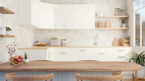 Close-up image of a wooden dining table in a modern, Scandinavian kitchen. Stock Illustration