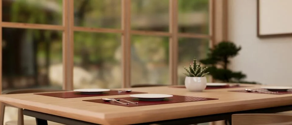 Close-up image of a wooden dining table in a beautiful, cosy dining room or.. Stock Illustration