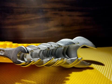 Close image of wrench set with dark back ground. Stock Photos