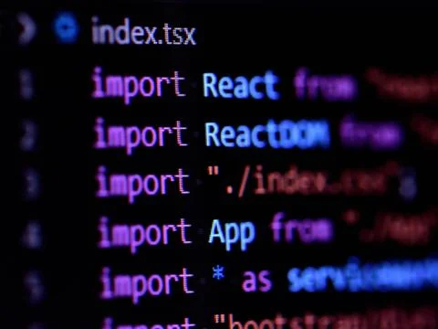 Close-up of import statement of React, Javascript programming source code Stock Photos