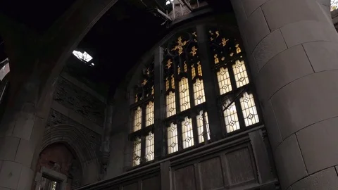 CLOSE UP: Imposing ruined gothic chapel in abandoned Methodist Church, Gary 動画素材 76283757