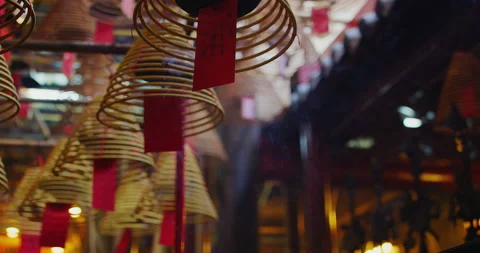 Close up of Incense Burning in Buddhist Temple, Religious, Mysterious, Beautiful Stock Footage 201097007