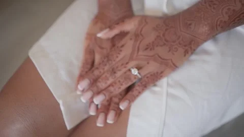 Close-up of Indian bride's hands covered with mehndi. Indian wedding ceremony. Stock Footage 256150702