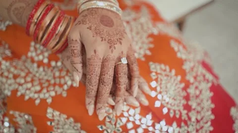Close-up of Indian bride's hands covered with mehndi. Indian wedding ceremony. Stock Footage 257900770
